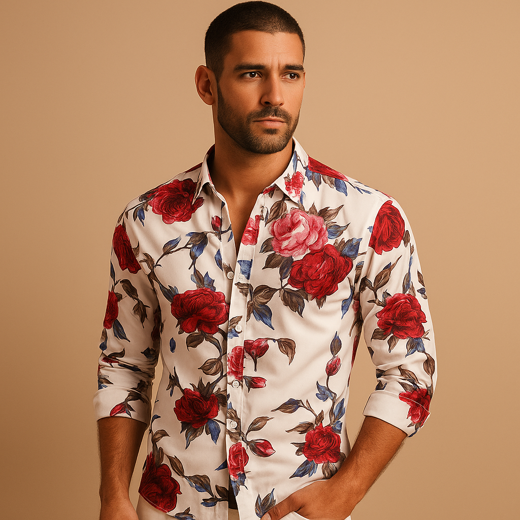 Men’s floral print shirt with breathable fabric, available in black, blue, and red. Stylish and versatile for parties, work, or casual days.