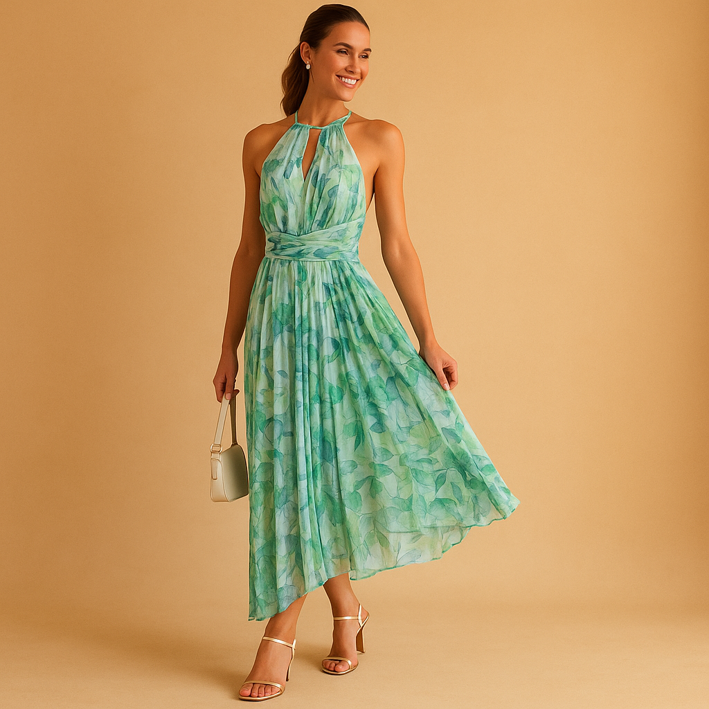 Women’s floral sleeveless maxi dress with a high waist and O-neck design, ideal for summer vacations, garden parties, and casual warm days.