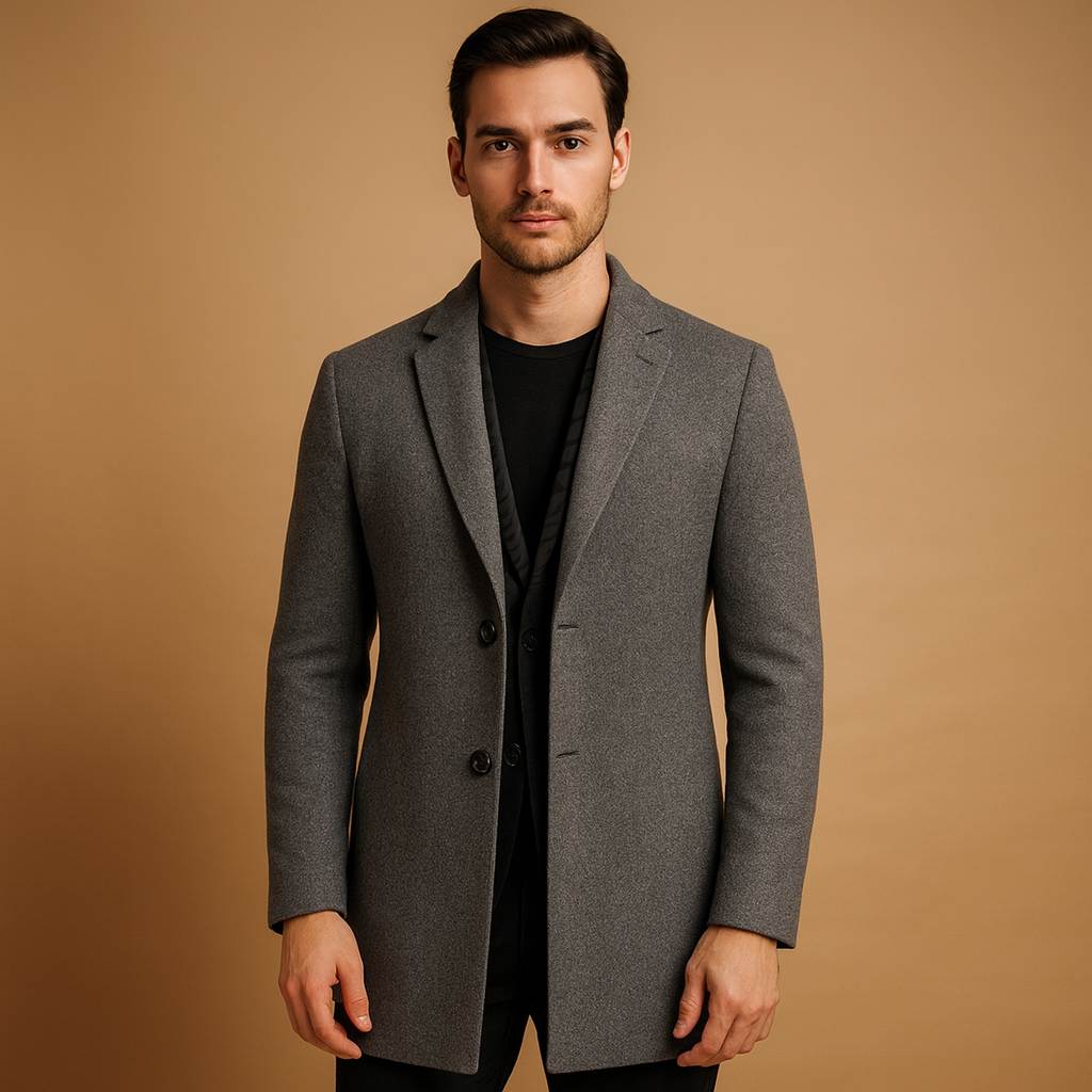 Men’s formal winter coat with classic long fit and modern tailored cut, warm and wind-resistant for autumn, winter, business, or daily wear.
