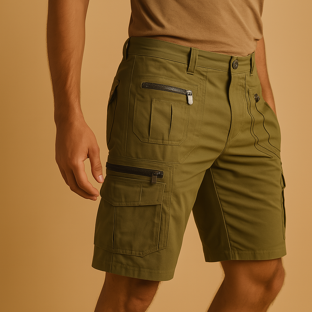 Men’s functional cargo shorts Travis with multiple zip and flap pockets, available in sand, army green, black, or dark grey. Ideal for outdoor and summer wear.