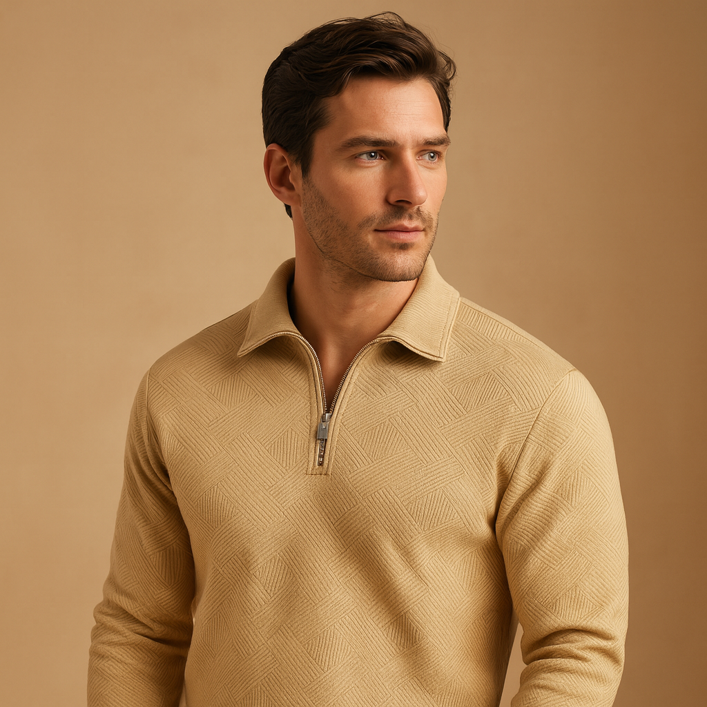 Geometric quarter-zip polo sweater for men with soft fabric and modern pattern, ideal for casual or workwear in autumn and winter.