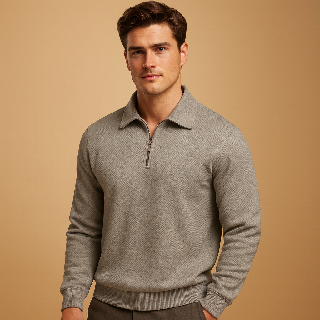 Geometric quarter-zip polo sweater for men with soft fabric and modern pattern, ideal for casual or workwear in autumn and winter.