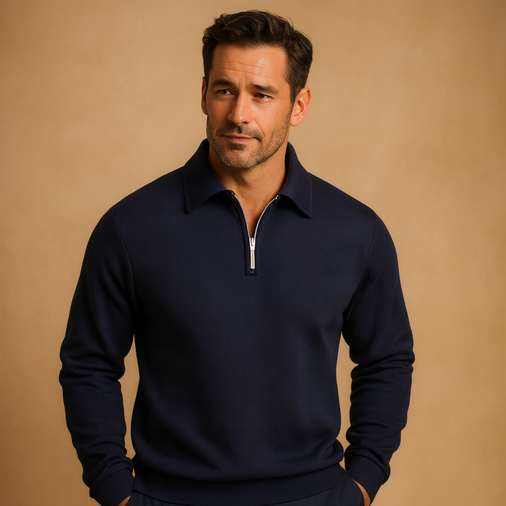 Geometric quarter-zip polo sweater for men with soft fabric and modern pattern, ideal for casual or workwear in autumn and winter.