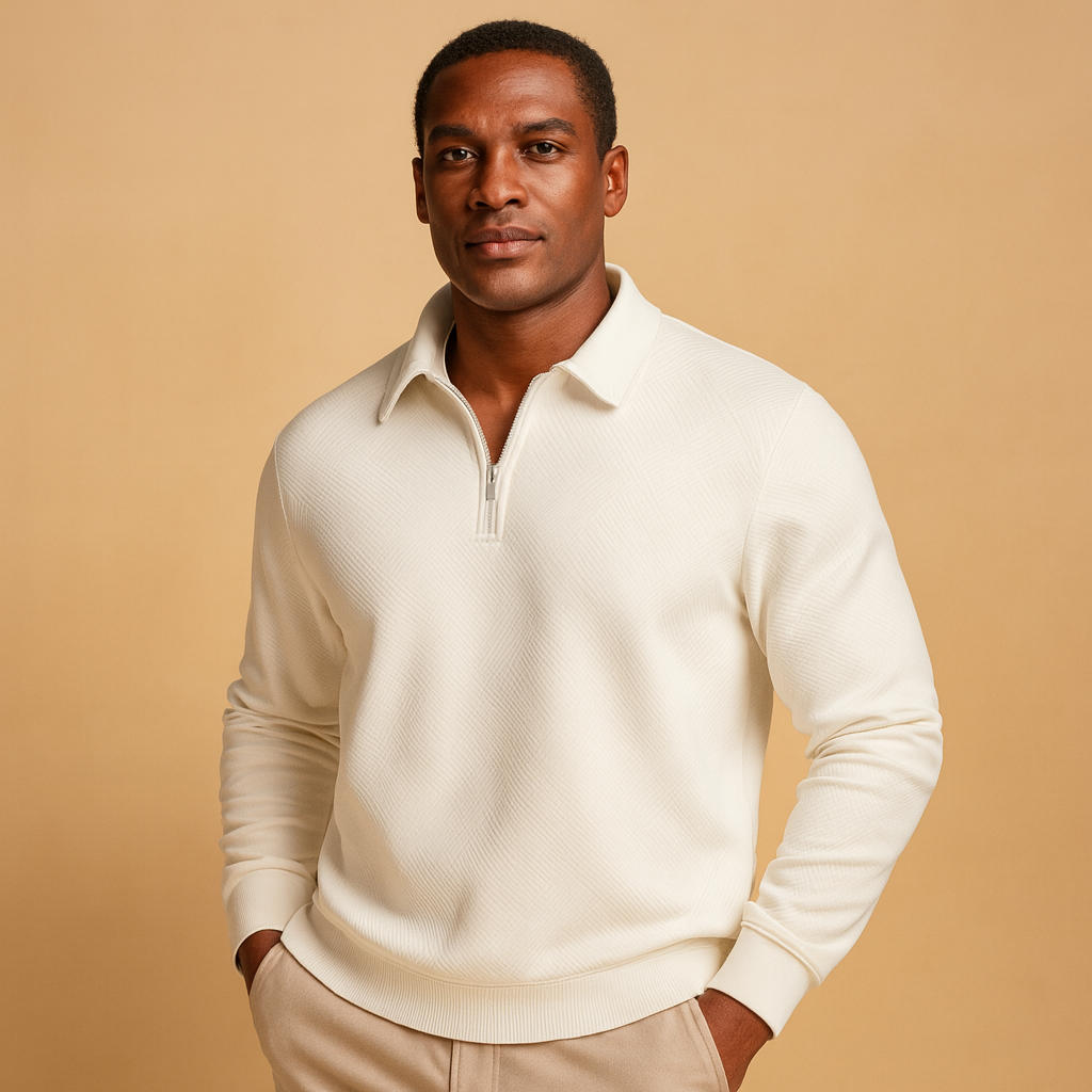 Geometric quarter-zip polo sweater for men with soft fabric and modern pattern, ideal for casual or workwear in autumn and winter.