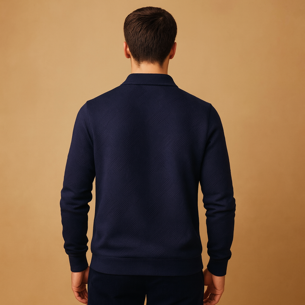 Geometric quarter-zip polo sweater for men with soft fabric and modern pattern, ideal for casual or workwear in autumn and winter.