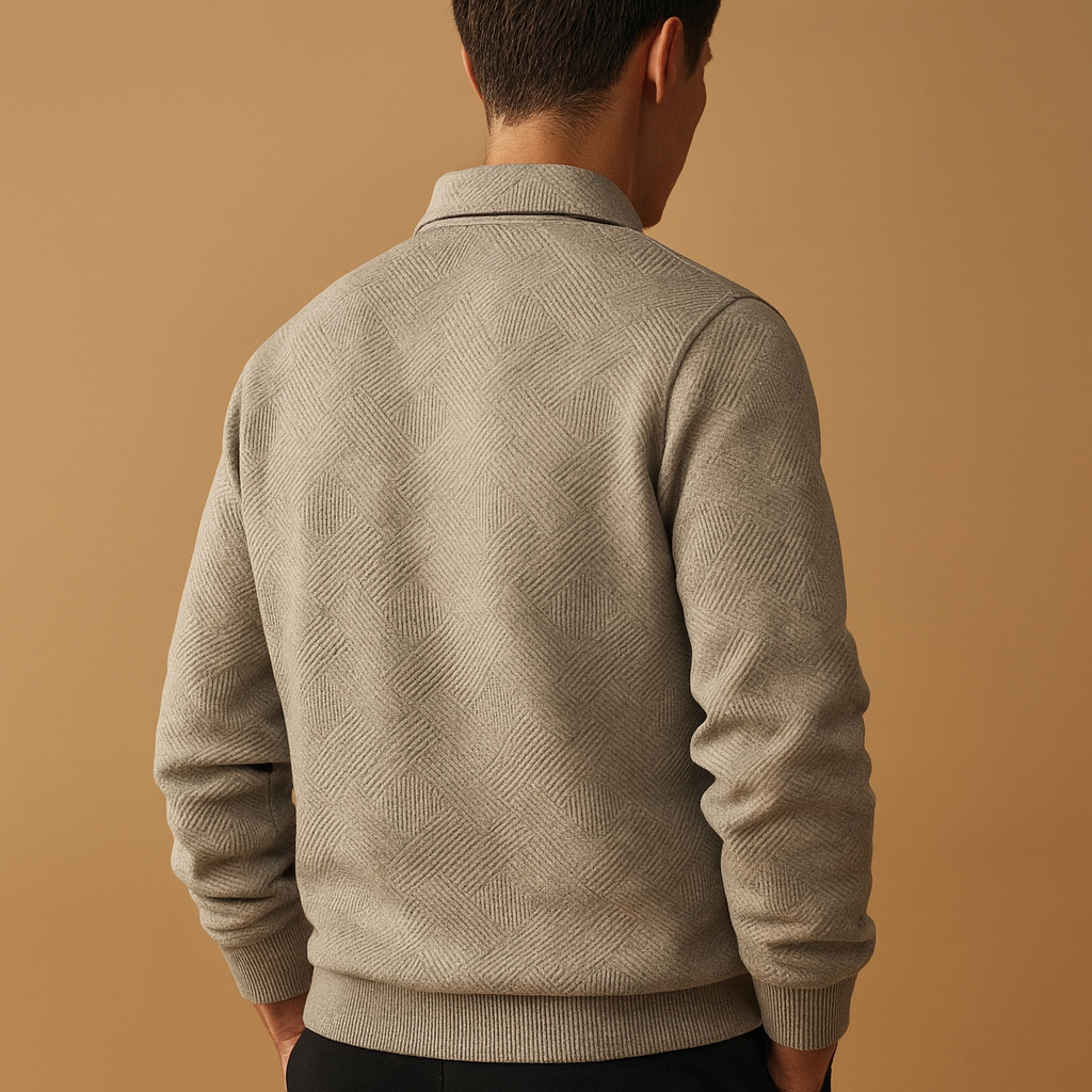Geometric quarter-zip polo sweater for men with soft fabric and modern pattern, ideal for casual or workwear in autumn and winter.