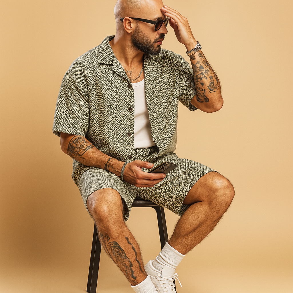 Men’s geometric summer set with short-sleeved shirt and elastic shorts, relaxed fit, available in Blue, Beige, and White. Perfect for holidays and casual days.