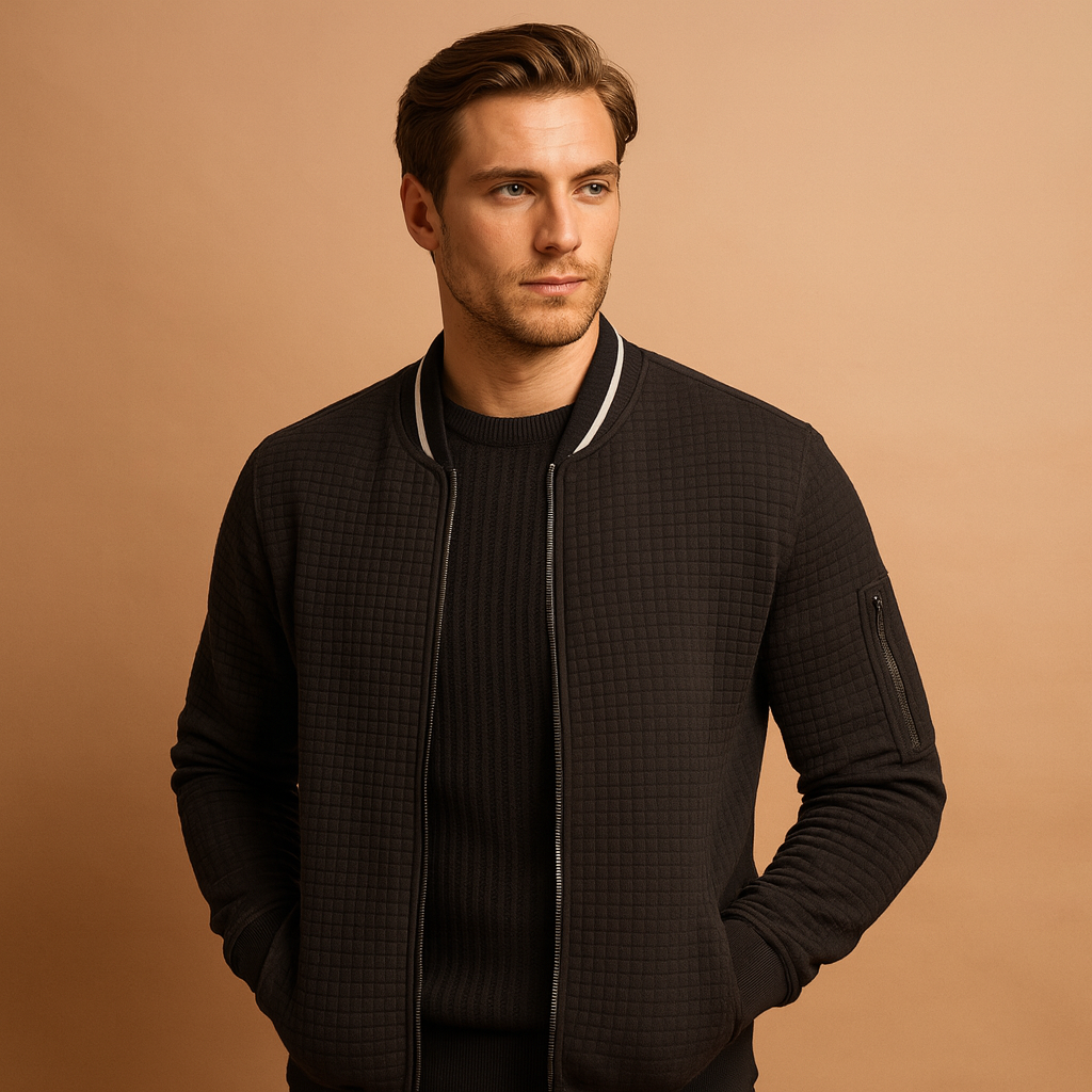 Men’s half zip cable knit jumper with classic pattern, perfect for autumn and winter casual or semi-formal outfits.