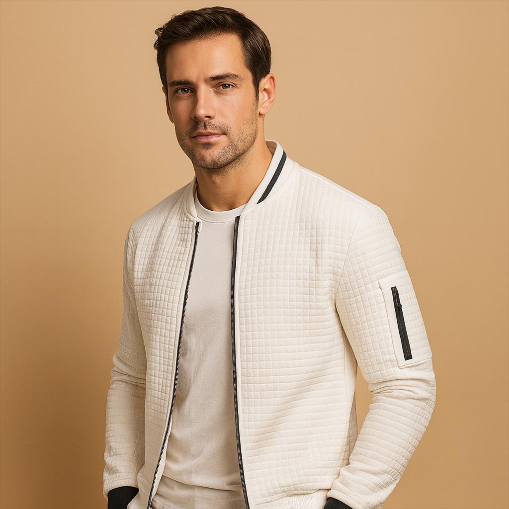 Men’s half zip cable knit jumper with classic pattern, perfect for autumn and winter casual or semi-formal outfits.