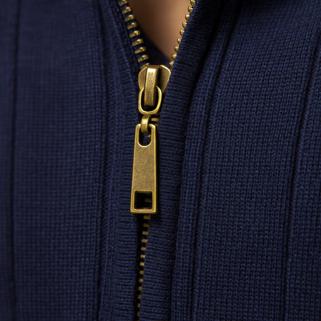 Men’s half zip knitted jumper with high collar and slim fit, perfect for casual and refined autumn or winter outfits.