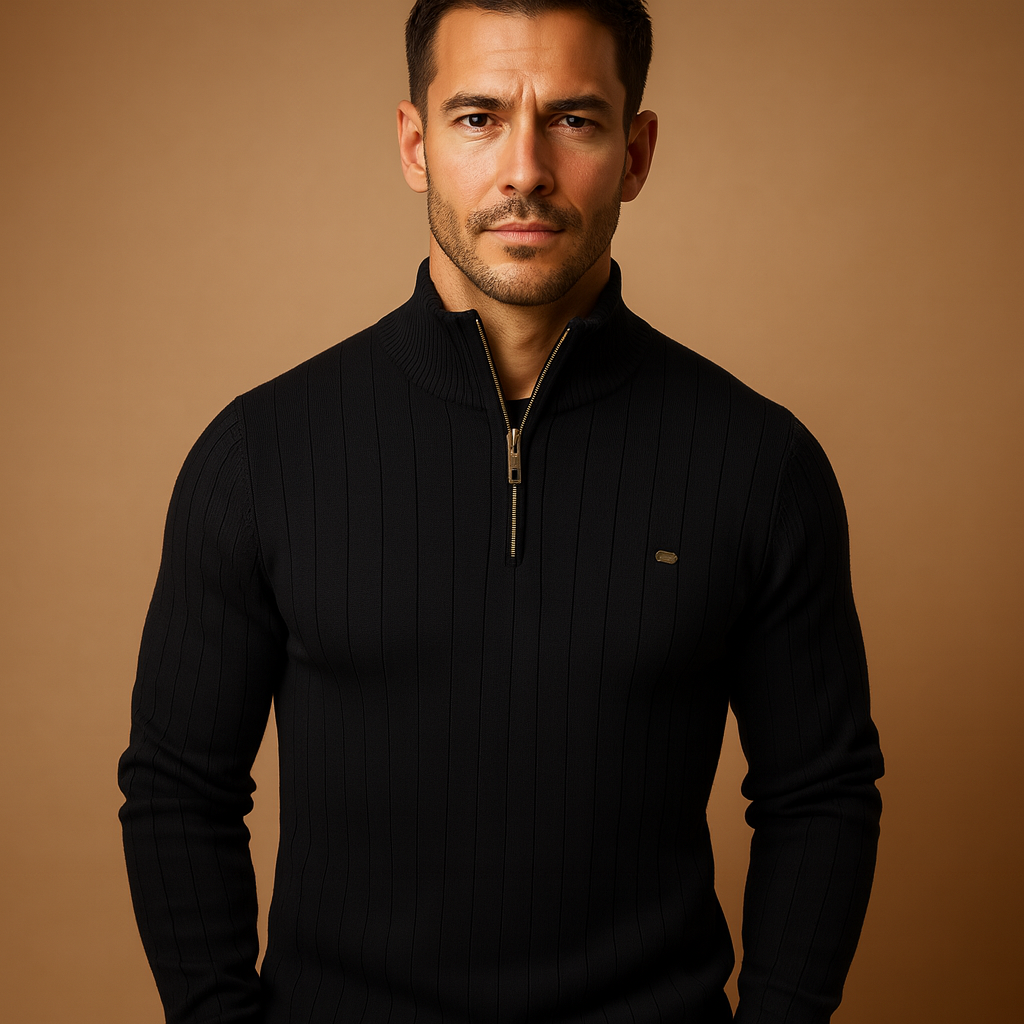 Men’s half zip knitted jumper with high collar and slim fit, perfect for casual and refined autumn or winter outfits.