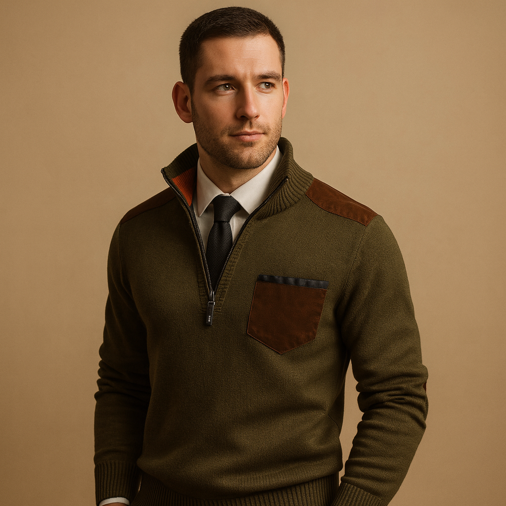 Half-zip pullover for men with adjustable collar and chest pocket, designed for warmth and versatility during autumn and winter.