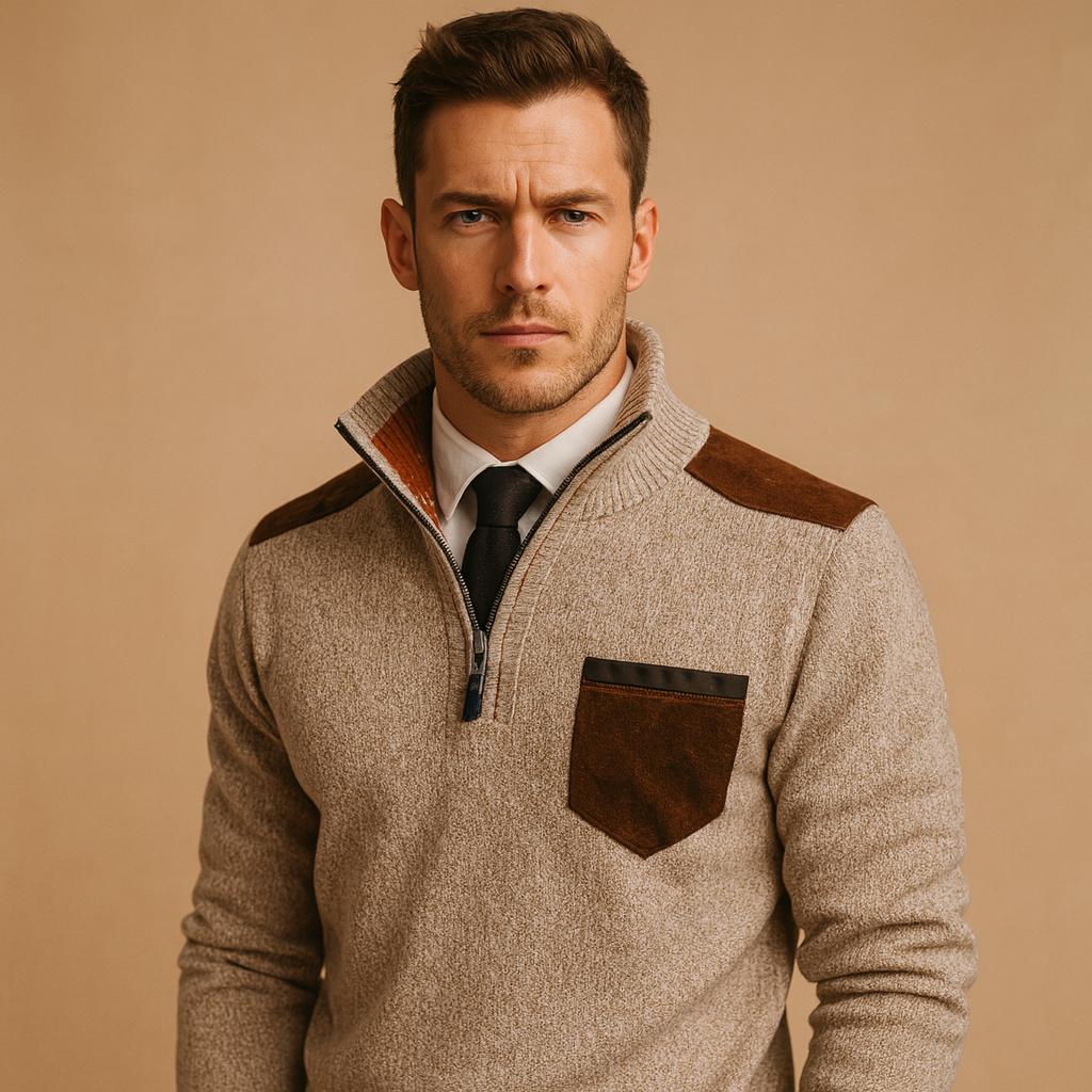 Half-zip pullover for men with adjustable collar and chest pocket, designed for warmth and versatility during autumn and winter.