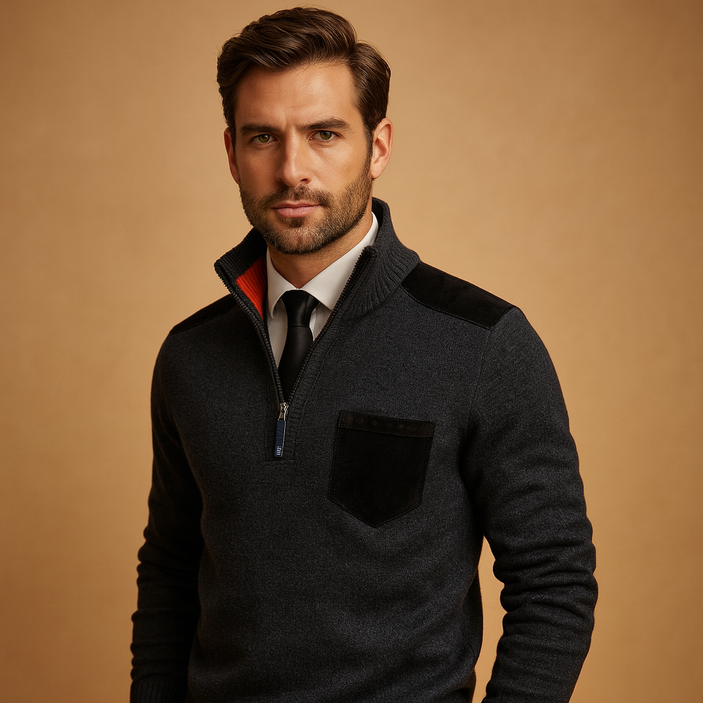 Half-zip pullover for men with adjustable collar and chest pocket, designed for warmth and versatility during autumn and winter.