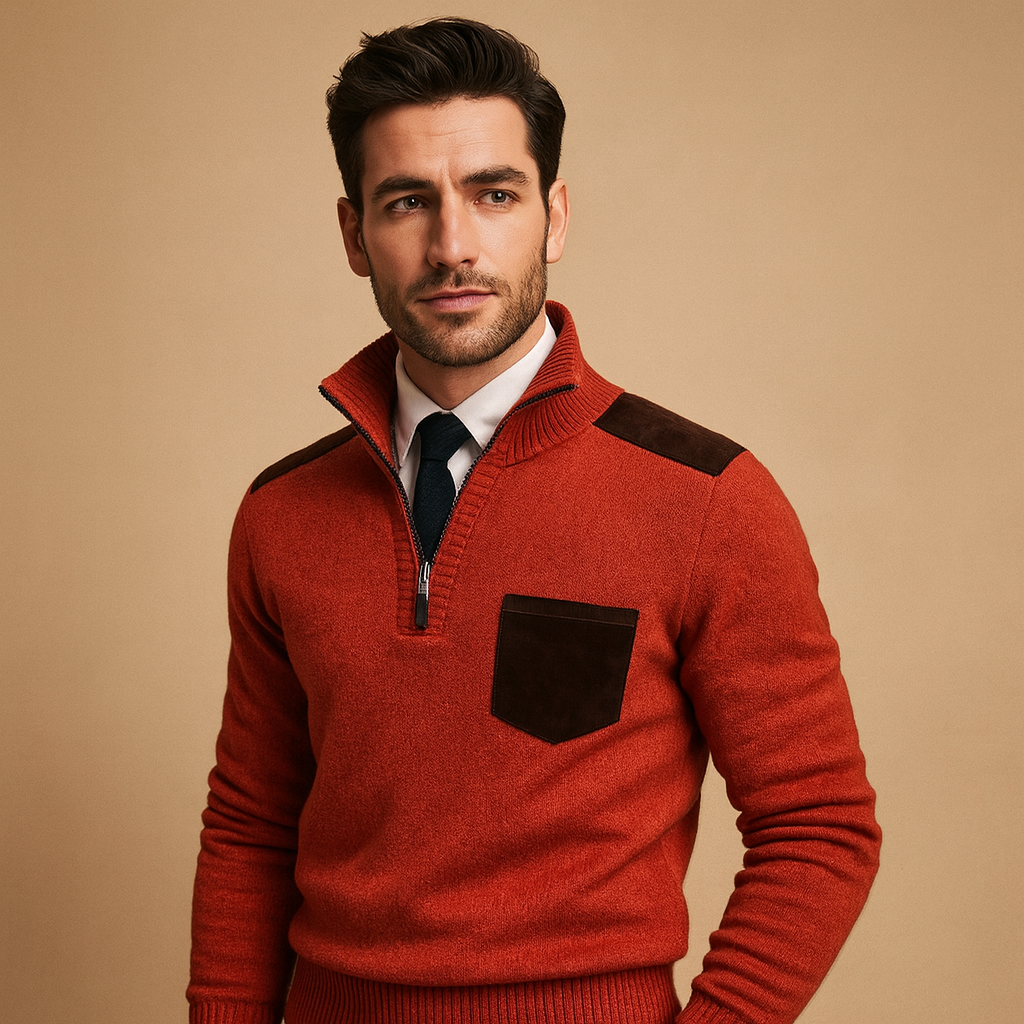Half-zip pullover for men with adjustable collar and chest pocket, designed for warmth and versatility during autumn and winter.