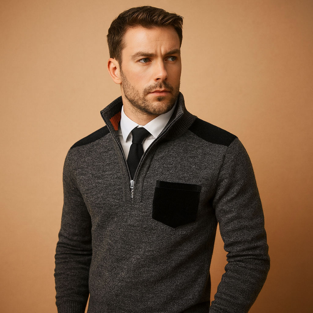 Half-zip pullover for men with adjustable collar and chest pocket, designed for warmth and versatility during autumn and winter.