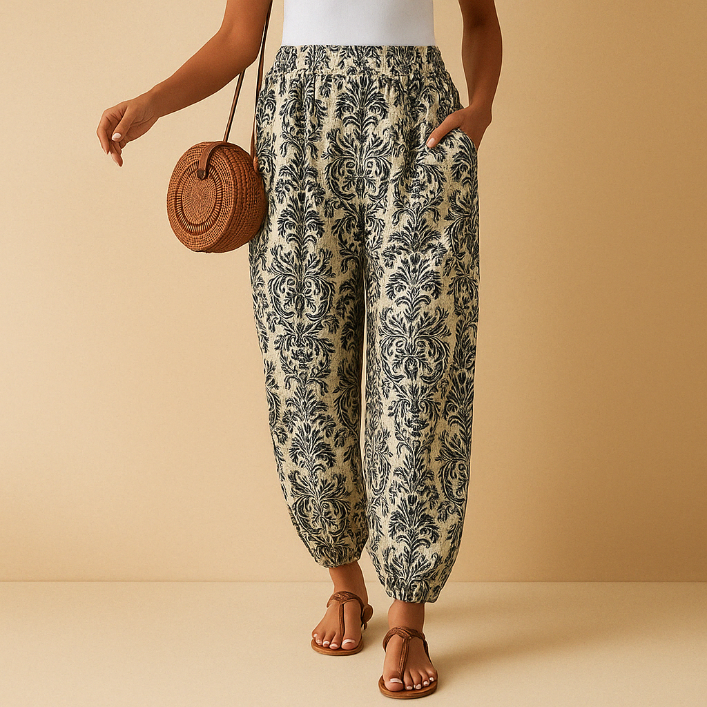 High-waist boho trousers for women with a loose airy fit and flattering waistband, available in multiple colours for summer and casual-chic outfits.