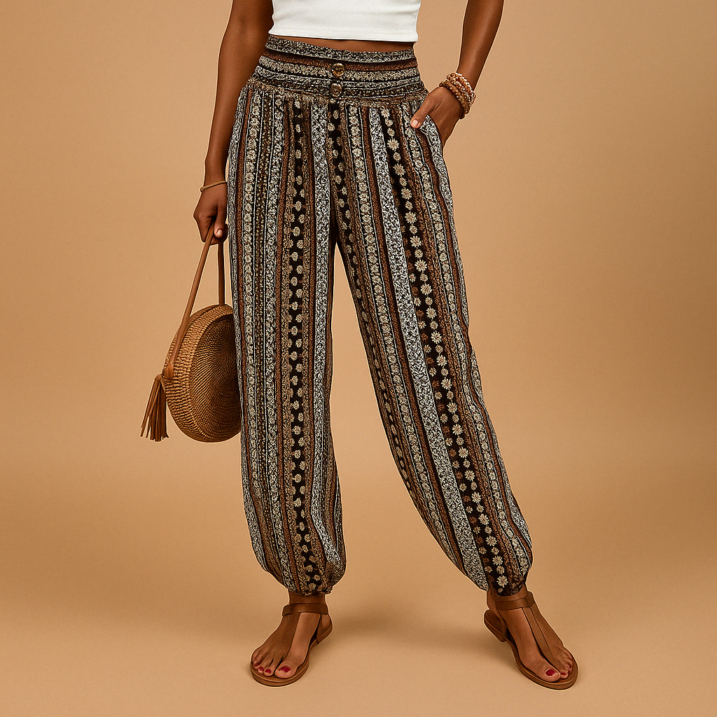 High-waist boho trousers for women with a loose airy fit and flattering waistband, available in multiple colours for summer and casual-chic outfits.