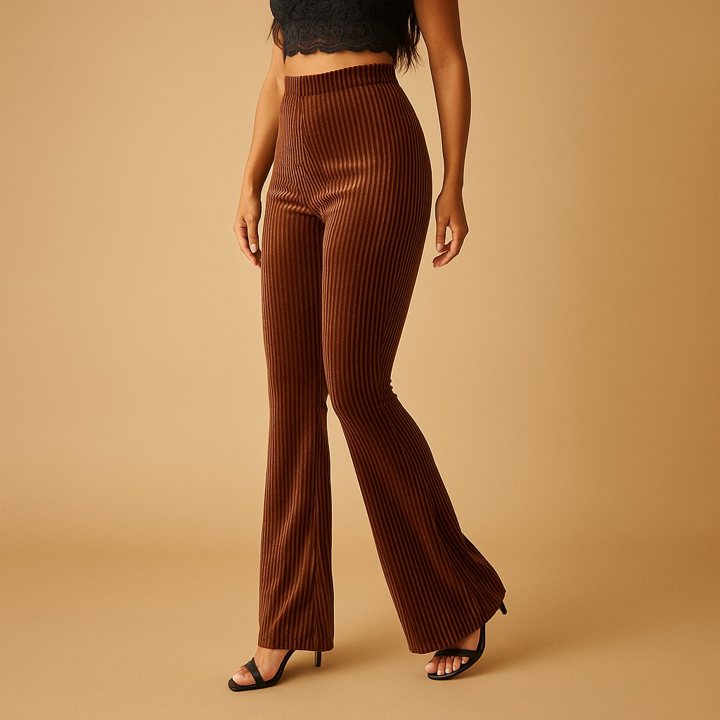 High-waist flared corduroy trousers for women with soft ribbed fabric, available in green, brown, and black for retro-inspired outfits.