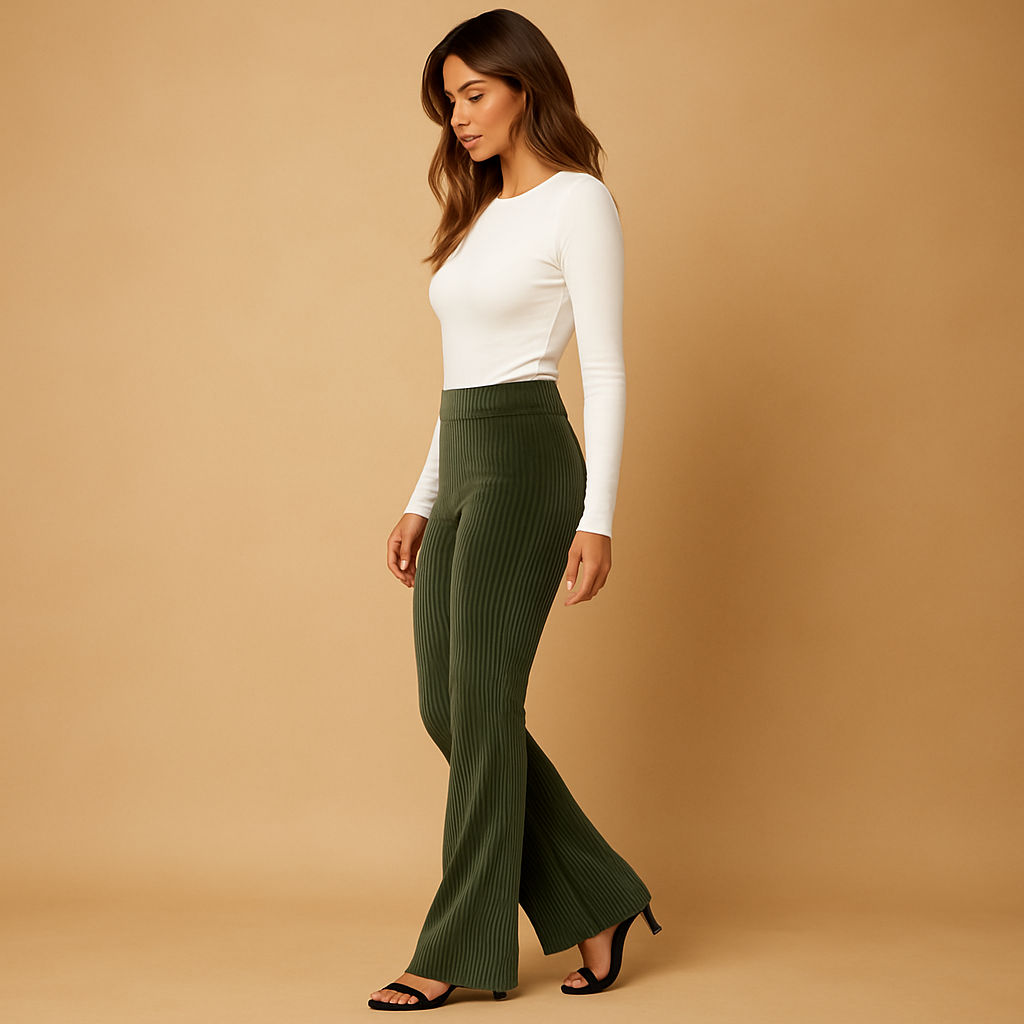 High-waist flared corduroy trousers for women with soft ribbed fabric, available in green, brown, and black for retro-inspired outfits.