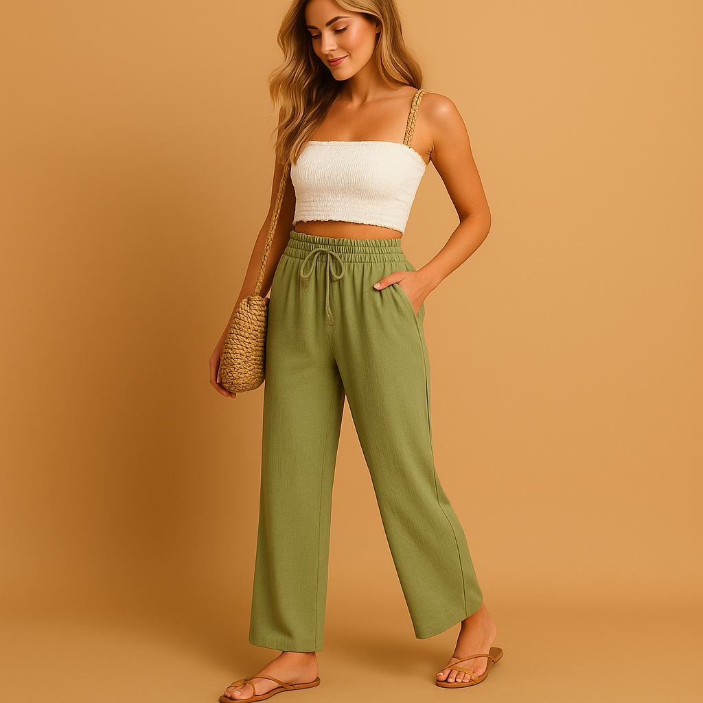 High-waist lounge trousers for women with a relaxed straight-leg fit, lightweight fabric, and multiple colour options for casual or lounge outfits.