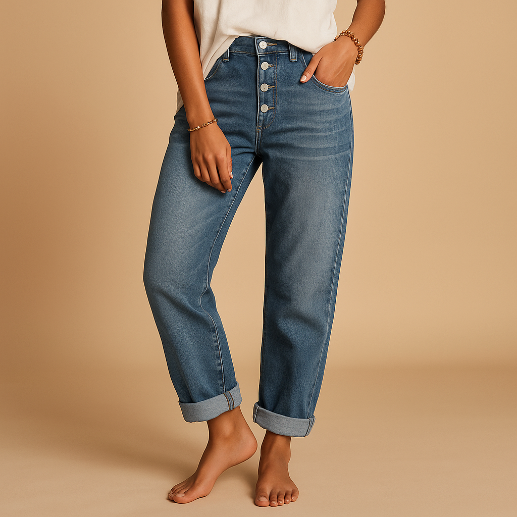 Women’s high-waist relaxed fit flared jeans in classic denim blue, designed for everyday comfort and a modern, laid-back look.