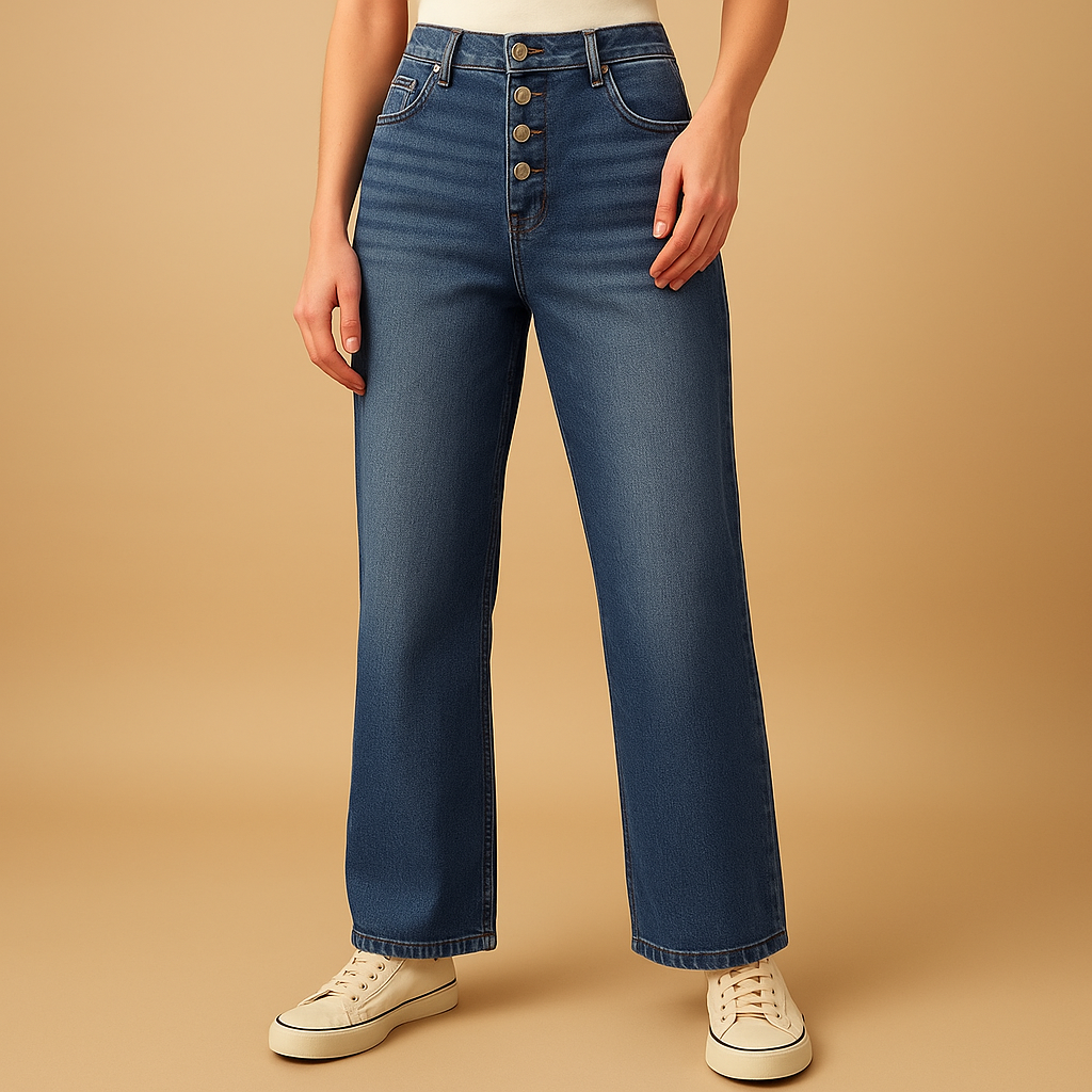 Women’s high-waist relaxed fit flared jeans in classic denim blue, designed for everyday comfort and a modern, laid-back look.