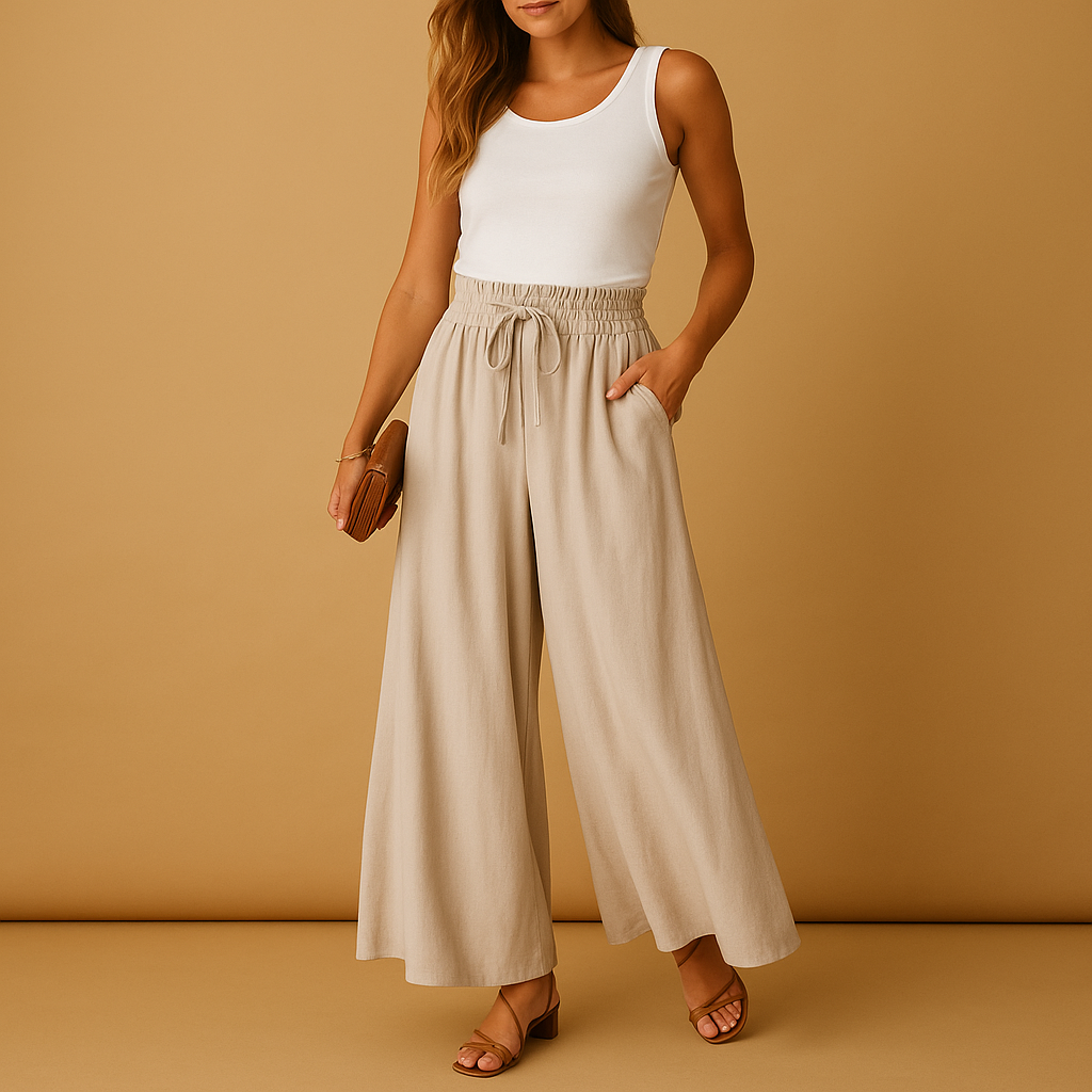 Women’s high-waist wide-leg trousers with elastic waistband and modern chic design, ideal for work, casual days, and elegant outfits.