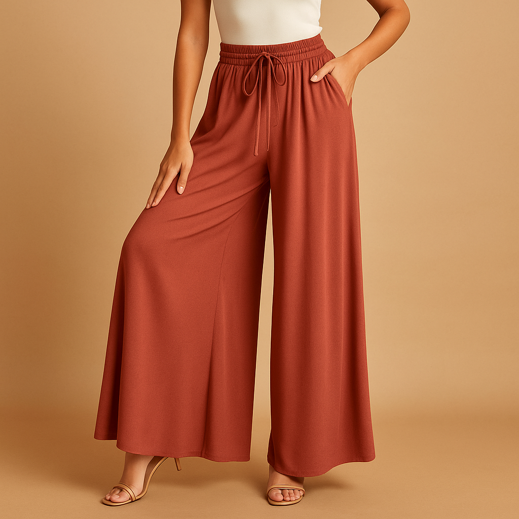 Women’s high-waist wide-leg trousers with elastic waistband and modern chic design, ideal for work, casual days, and elegant outfits.