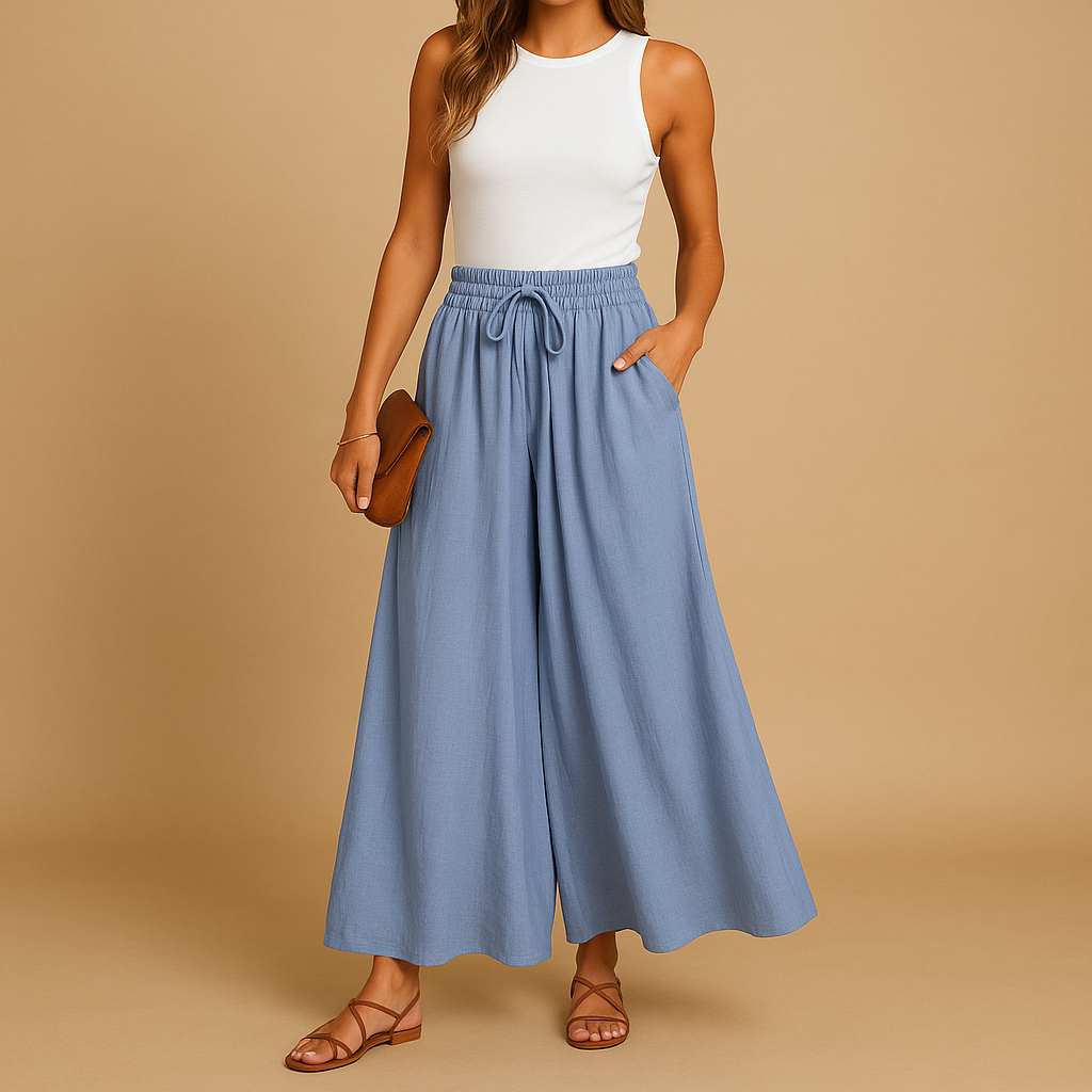 Women’s high-waist wide-leg trousers with elastic waistband and modern chic design, ideal for work, casual days, and elegant outfits.
