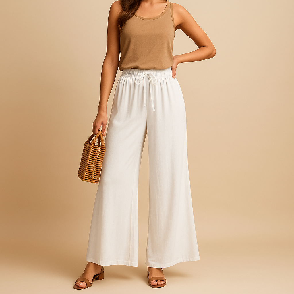 Women’s high-waist wide-leg trousers with elastic waistband and modern chic design, ideal for work, casual days, and elegant outfits.