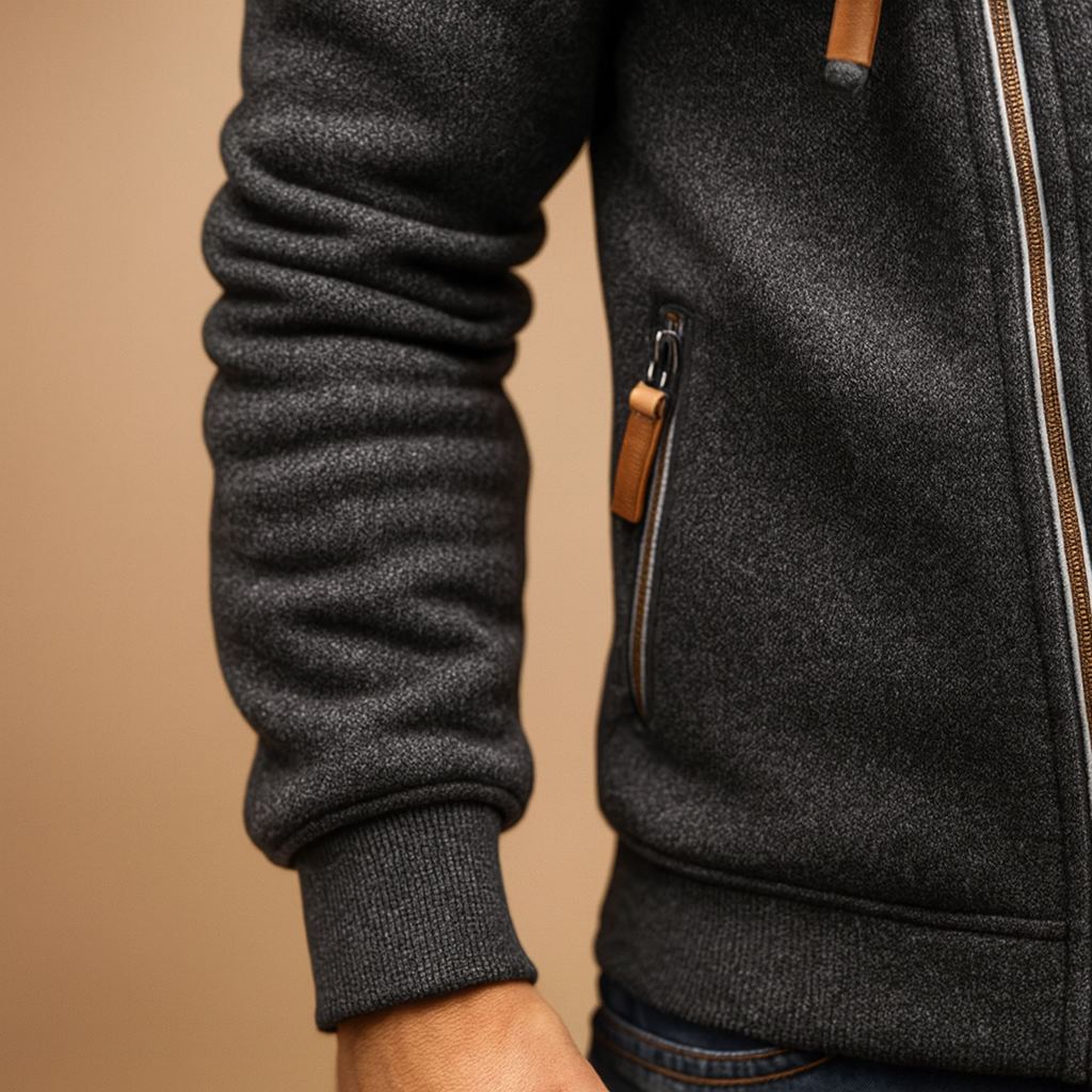 Stylish hooded cardigan for men with front pockets and soft warm fabric, ideal for autumn and winter casual wear.