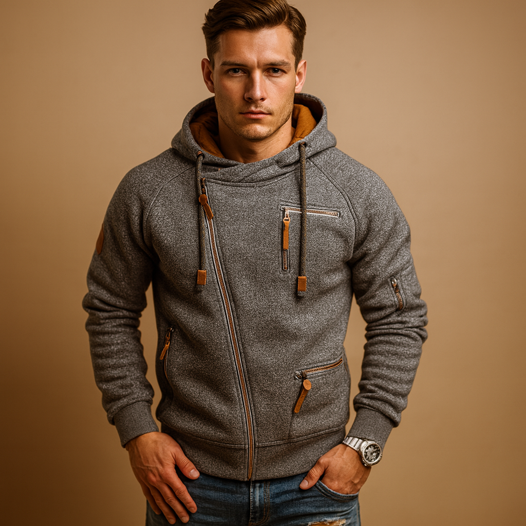 Stylish hooded cardigan for men with front pockets and soft warm fabric, ideal for autumn and winter casual wear.