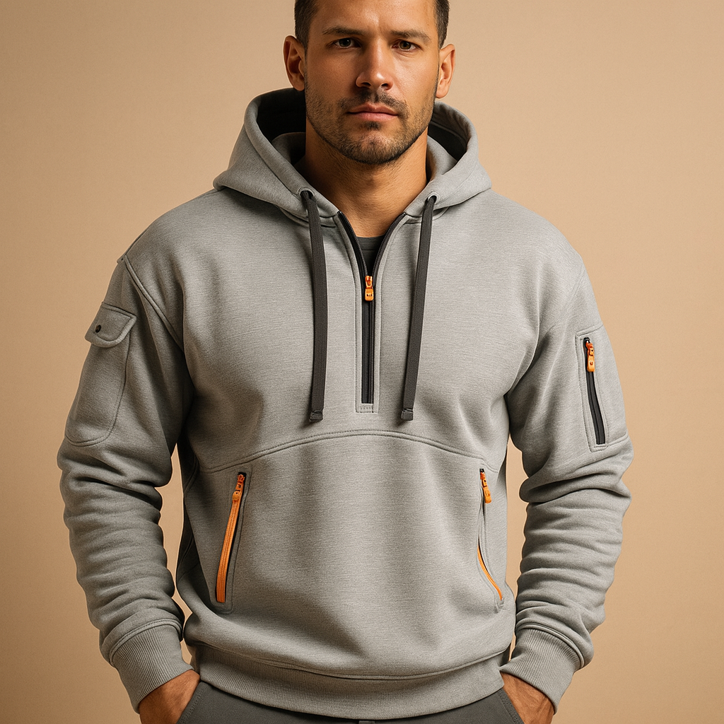 Modern hooded sweatshirt for men with a comfortable fit, available in khaki, black, grey, and navy, perfect for casual and sporty looks.