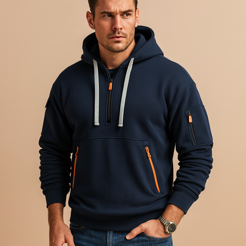 Modern hooded sweatshirt for men with a comfortable fit, available in khaki, black, grey, and navy, perfect for casual and sporty looks.