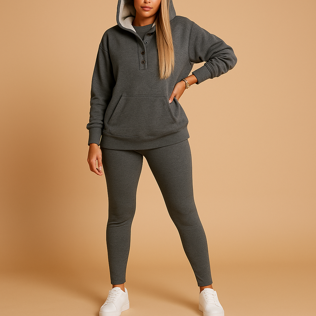 Women’s hoodie and jogger set with relaxed fit, perfect for lounging at home or casual outdoor wear in cooler seasons.