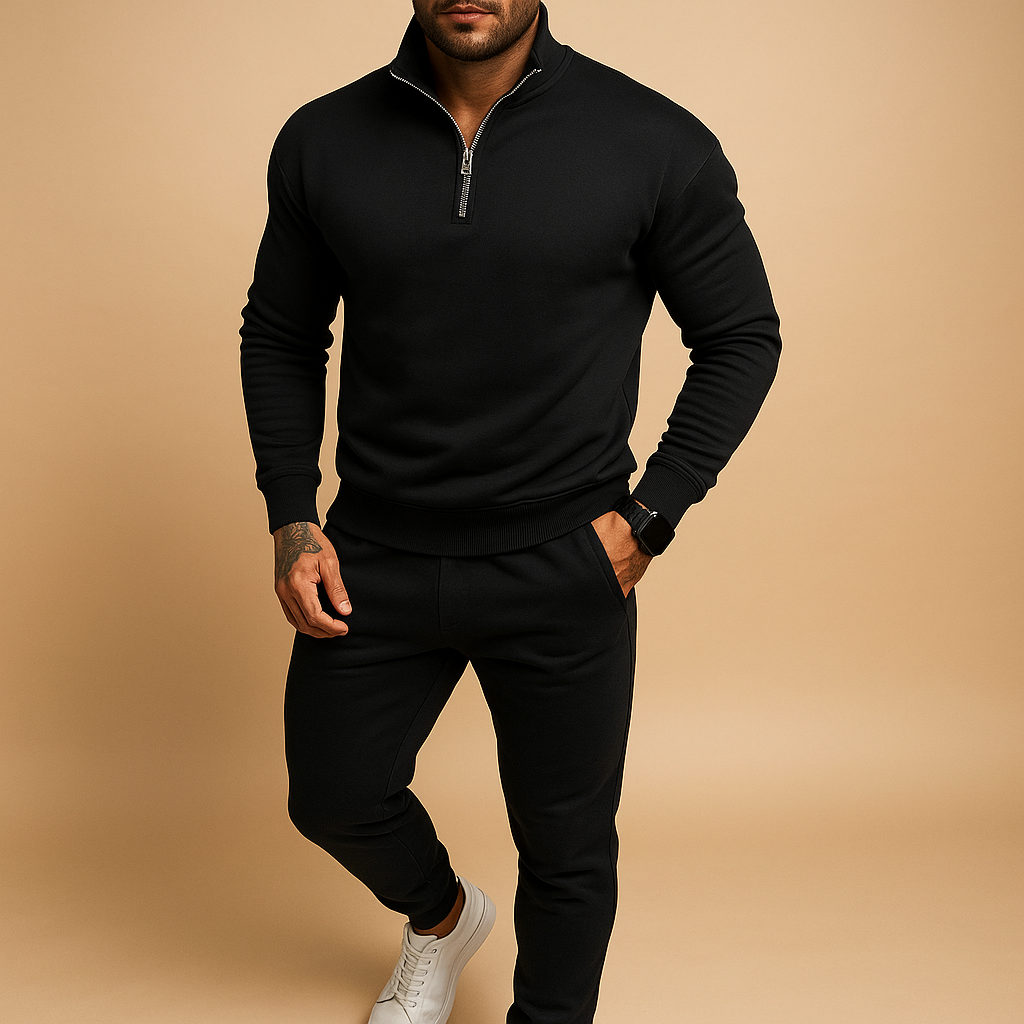 Men’s jogging set with half zip sweatshirt and jogger pants, soft and comfortable fabric, available in khaki, grey, black, and white, perfect for casual or sporty wear.