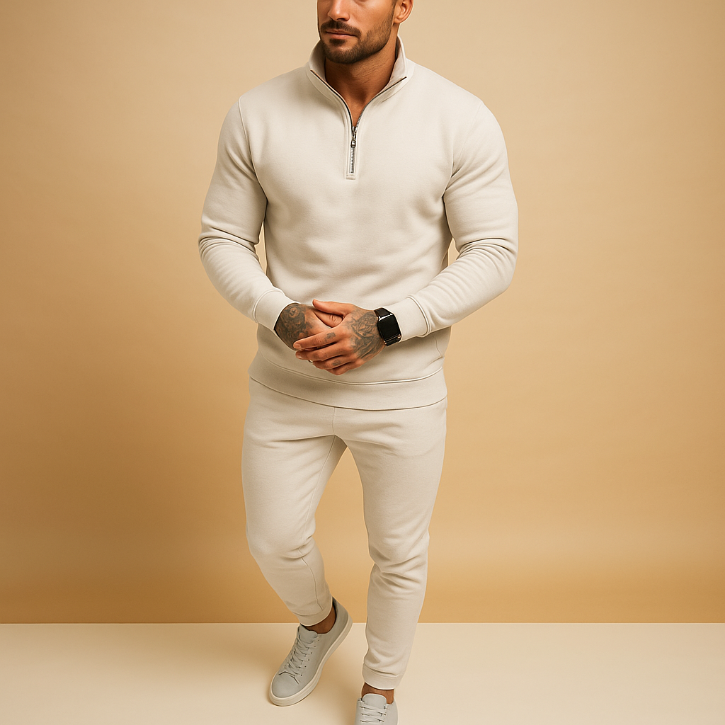 Men’s jogging set with half zip sweatshirt and jogger pants, soft and comfortable fabric, available in khaki, grey, black, and white, perfect for casual or sporty wear.