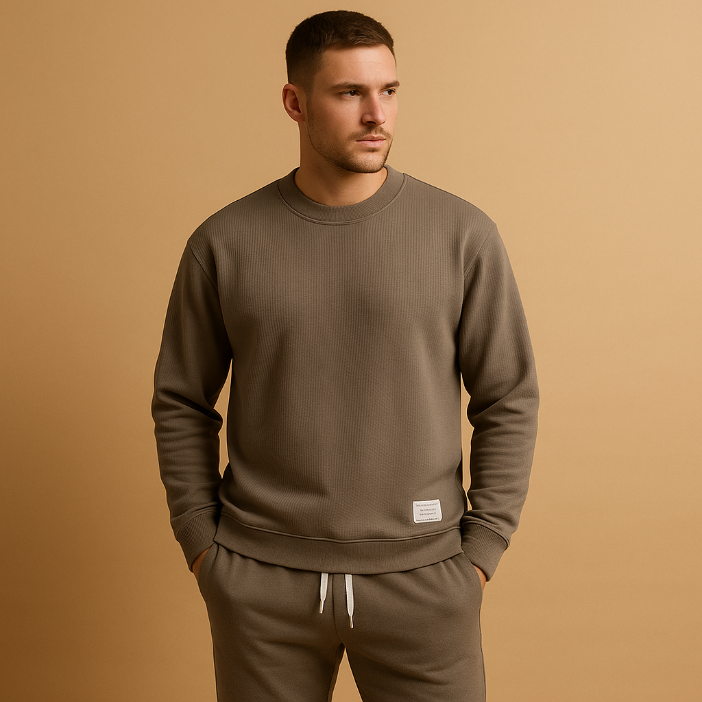 Modern men’s jogging tracksuit with sweater and jogger jeans, offering a relaxed fit for leisure, casual outings, and everyday comfort.
