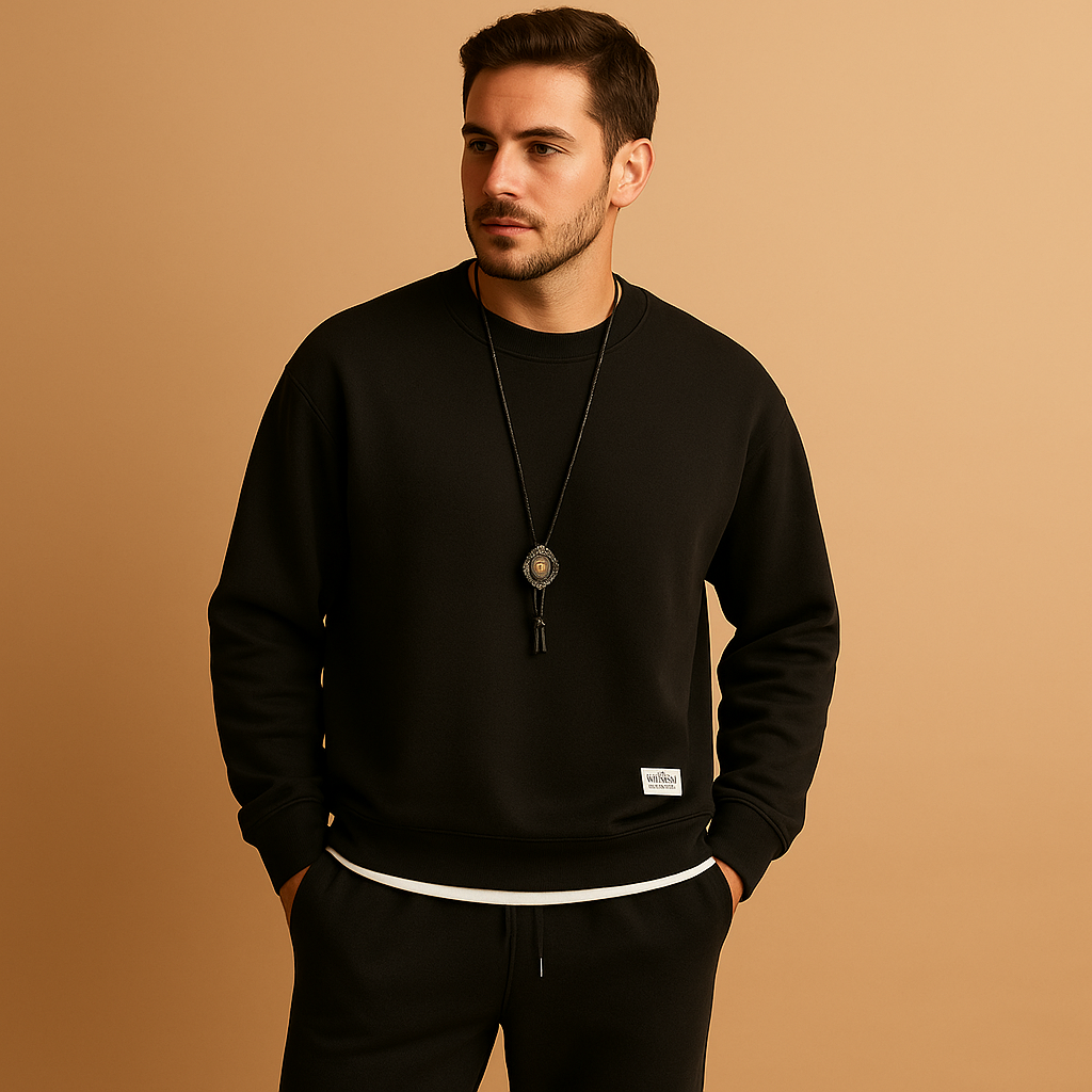 Modern men’s jogging tracksuit with sweater and jogger jeans, offering a relaxed fit for leisure, casual outings, and everyday comfort.