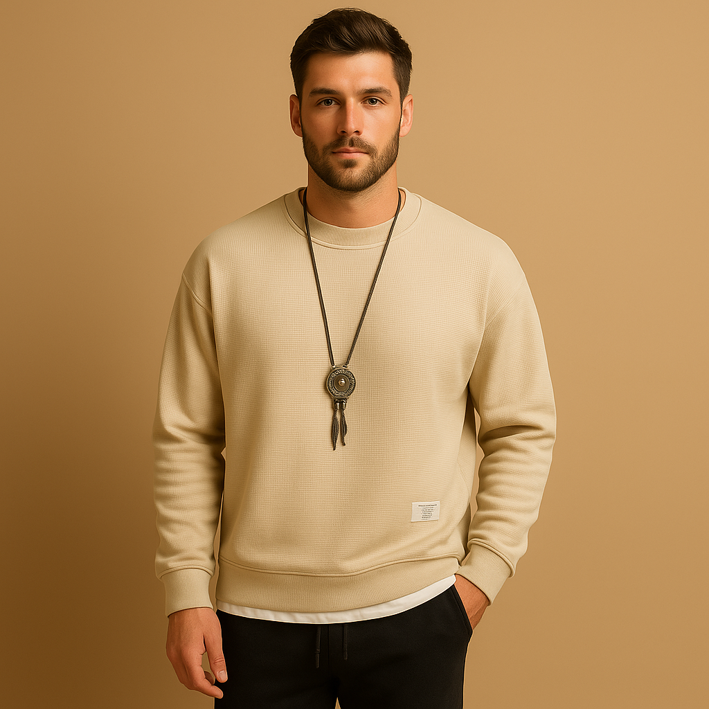 Modern men’s jogging tracksuit with sweater and jogger jeans, offering a relaxed fit for leisure, casual outings, and everyday comfort.