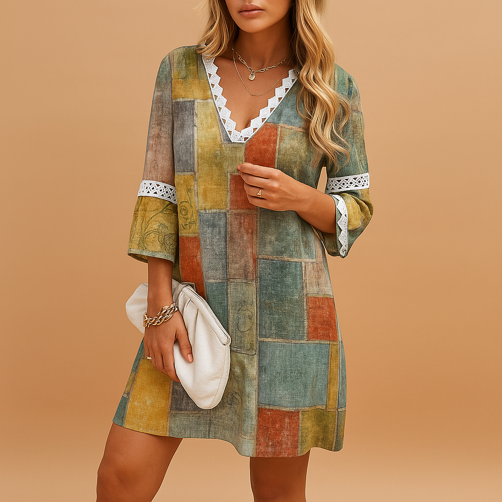 Knee-length summer dress for women with short sleeves and vibrant prints, perfect for warm weather, casual outings, and summer parties.