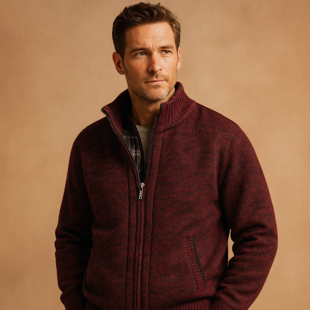 Men’s knitted cable jumper with checked inner lining, perfect for stylish warmth during autumn and winter days.