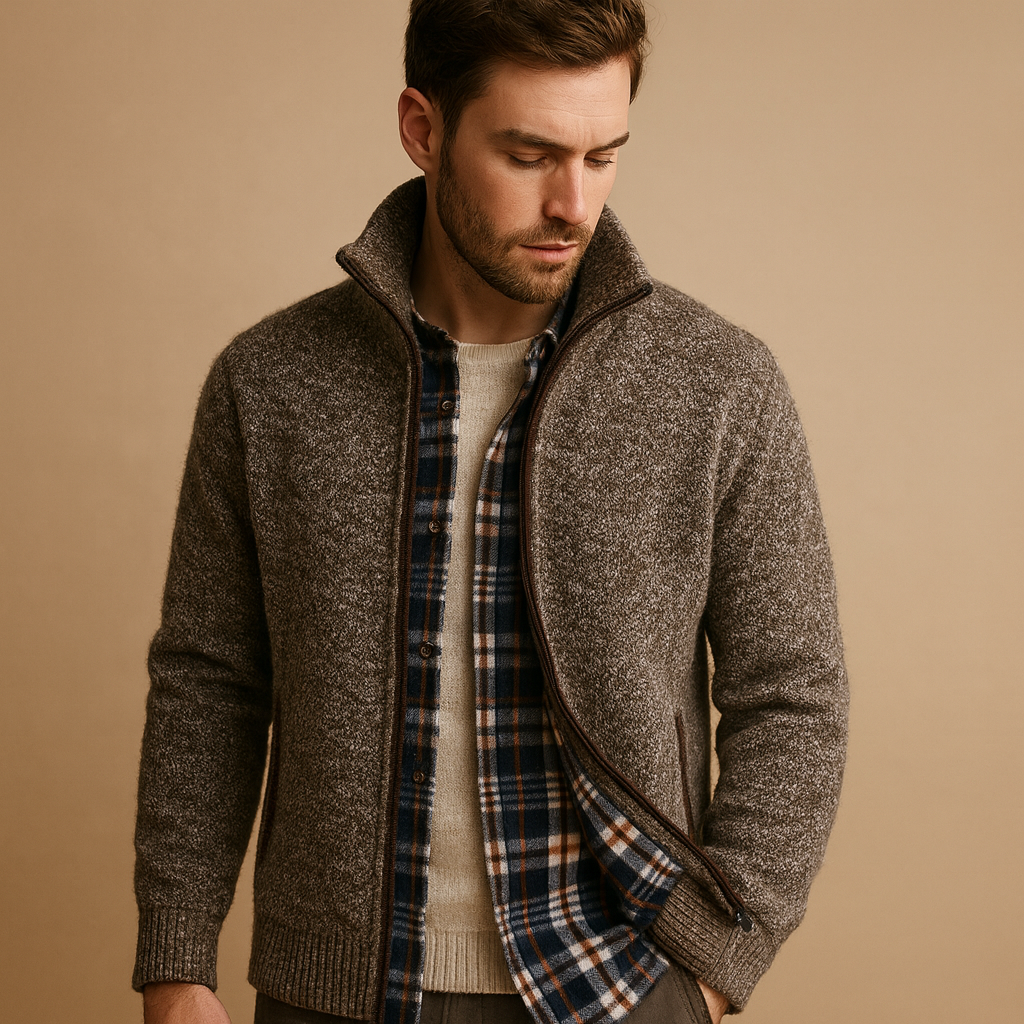 Men’s knitted cable jumper with checked inner lining, perfect for stylish warmth during autumn and winter days.
