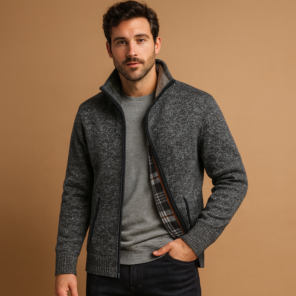 Men’s knitted cable jumper with checked inner lining, perfect for stylish warmth during autumn and winter days.