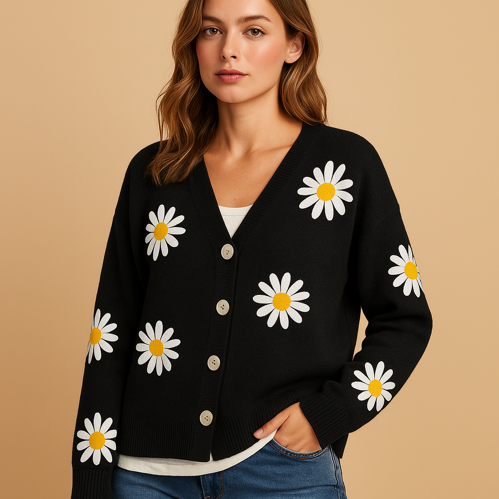 Knitted cardigan for women with floral pattern and button closure, available in Blue, Brown, Black, Grey, and Orange, perfect for autumn and winter layering.