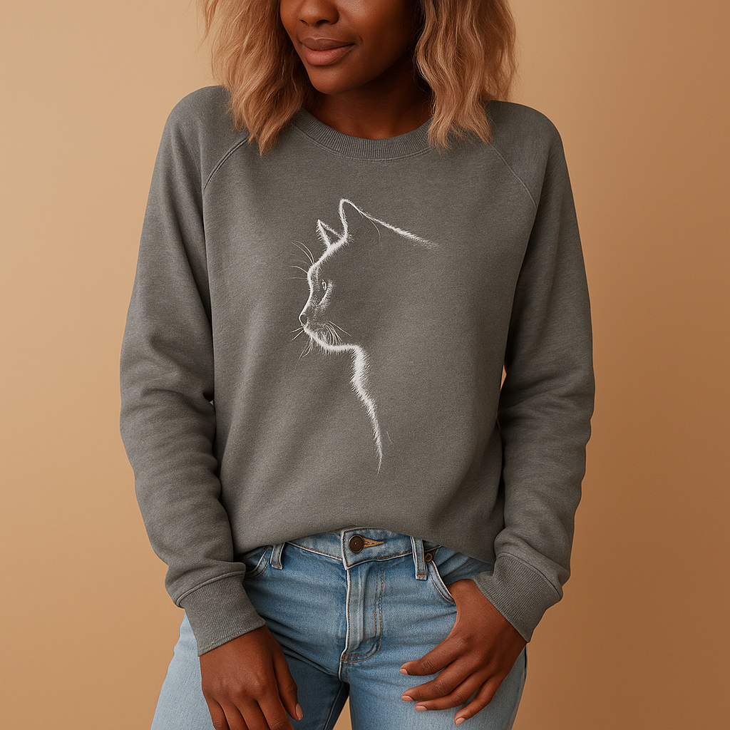Women’s knitted sweater with playful cat print, relaxed fit, and soft cotton blend, available in black, blue, gray, green, and pink.
