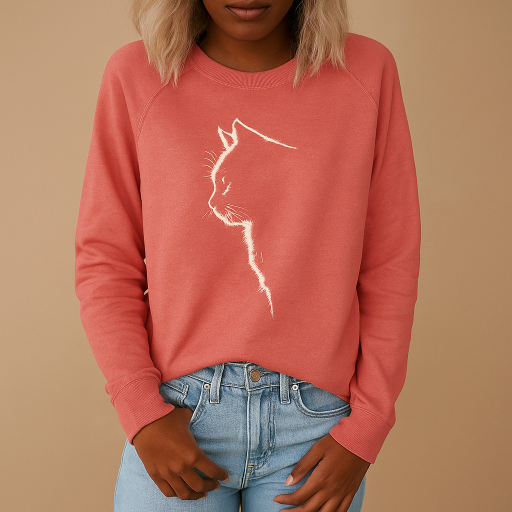 Women’s knitted sweater with playful cat print, relaxed fit, and soft cotton blend, available in black, blue, gray, green, and pink.