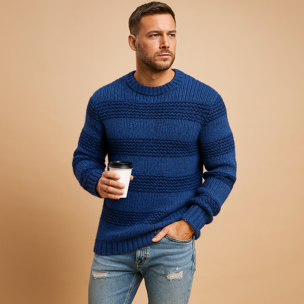 Warm knitted Nordic sweater for men with classic pattern and chunky texture, perfect for autumn and winter casual or smart looks.