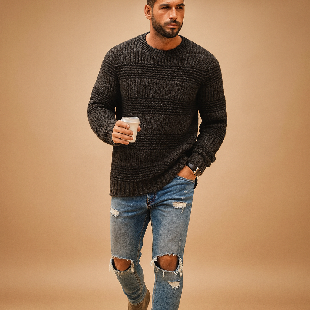 Warm knitted Nordic sweater for men with classic pattern and chunky texture, perfect for autumn and winter casual or smart looks.